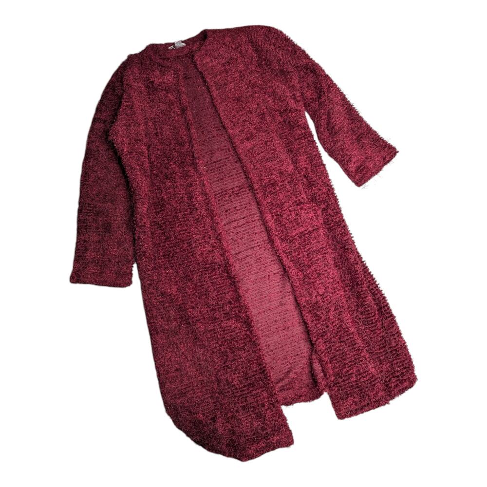 Vtg 1990s Chico's Design Burgundy Eyelash Knit Open Front Duster Cardigan 0 S